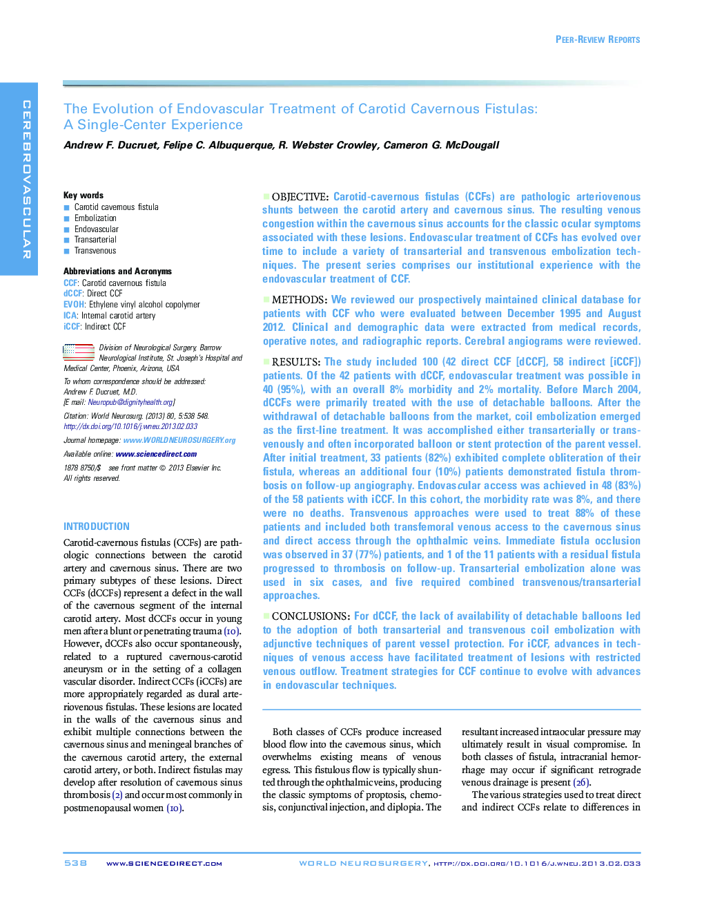 The Evolution of Endovascular Treatment of Carotid Cavernous Fistulas: A Single-Center Experience 