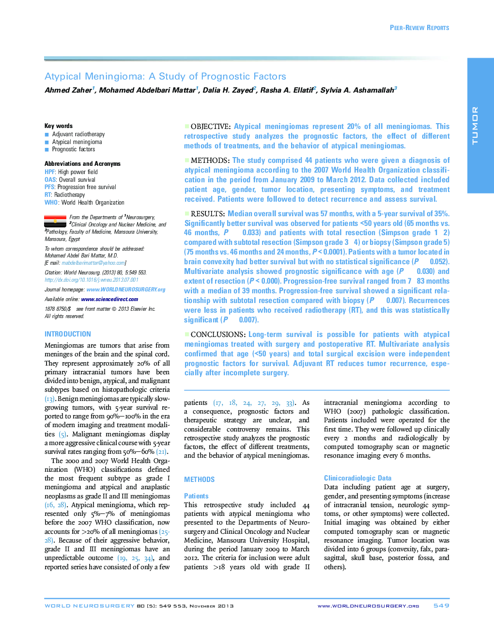 Atypical Meningioma: A Study of Prognostic Factors 