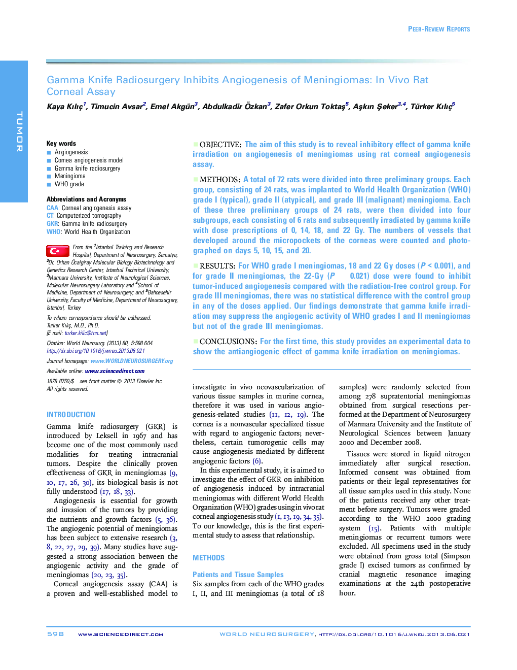 Gamma Knife Radiosurgery Inhibits Angiogenesis of Meningiomas: In Vivo Rat Corneal Assay 