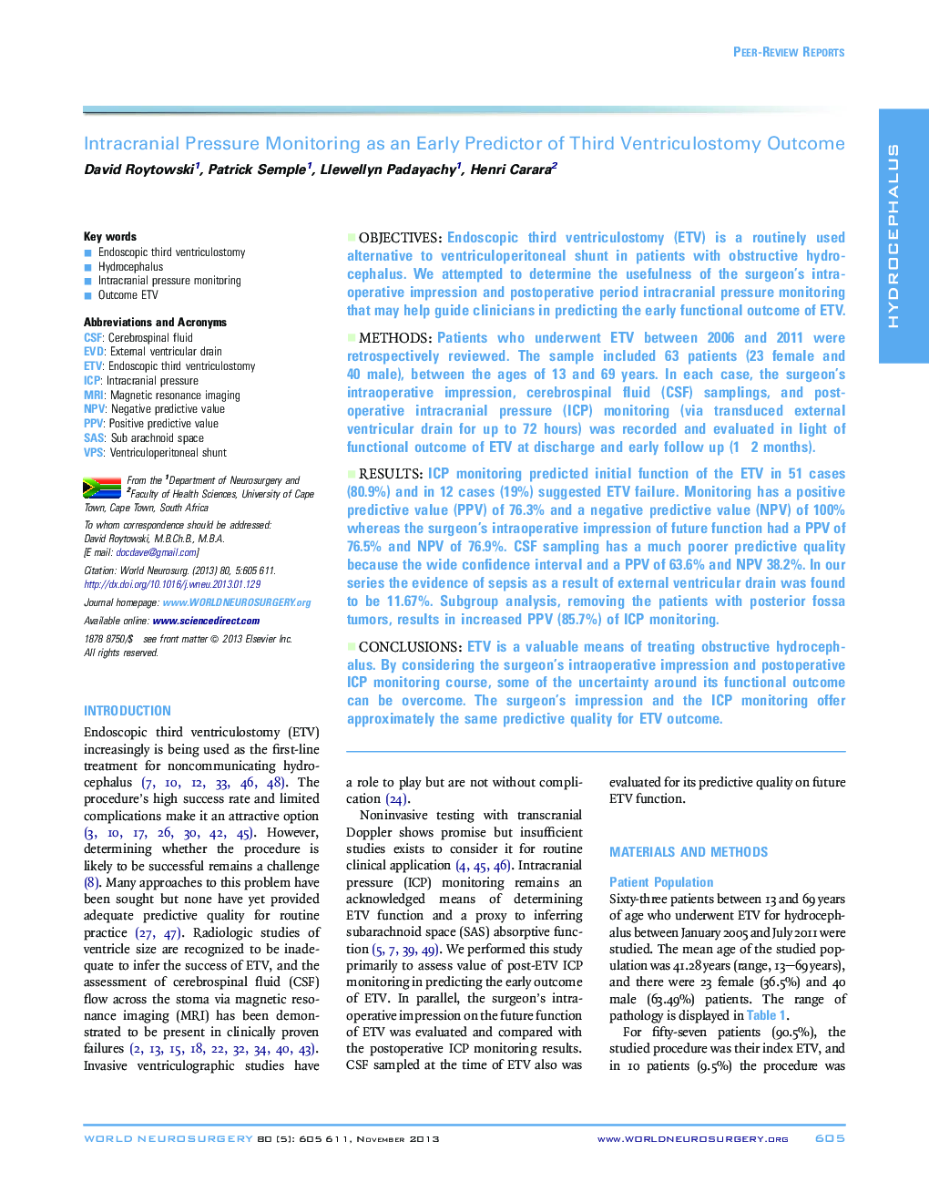 Intracranial Pressure Monitoring as an Early Predictor of Third Ventriculostomy Outcome 