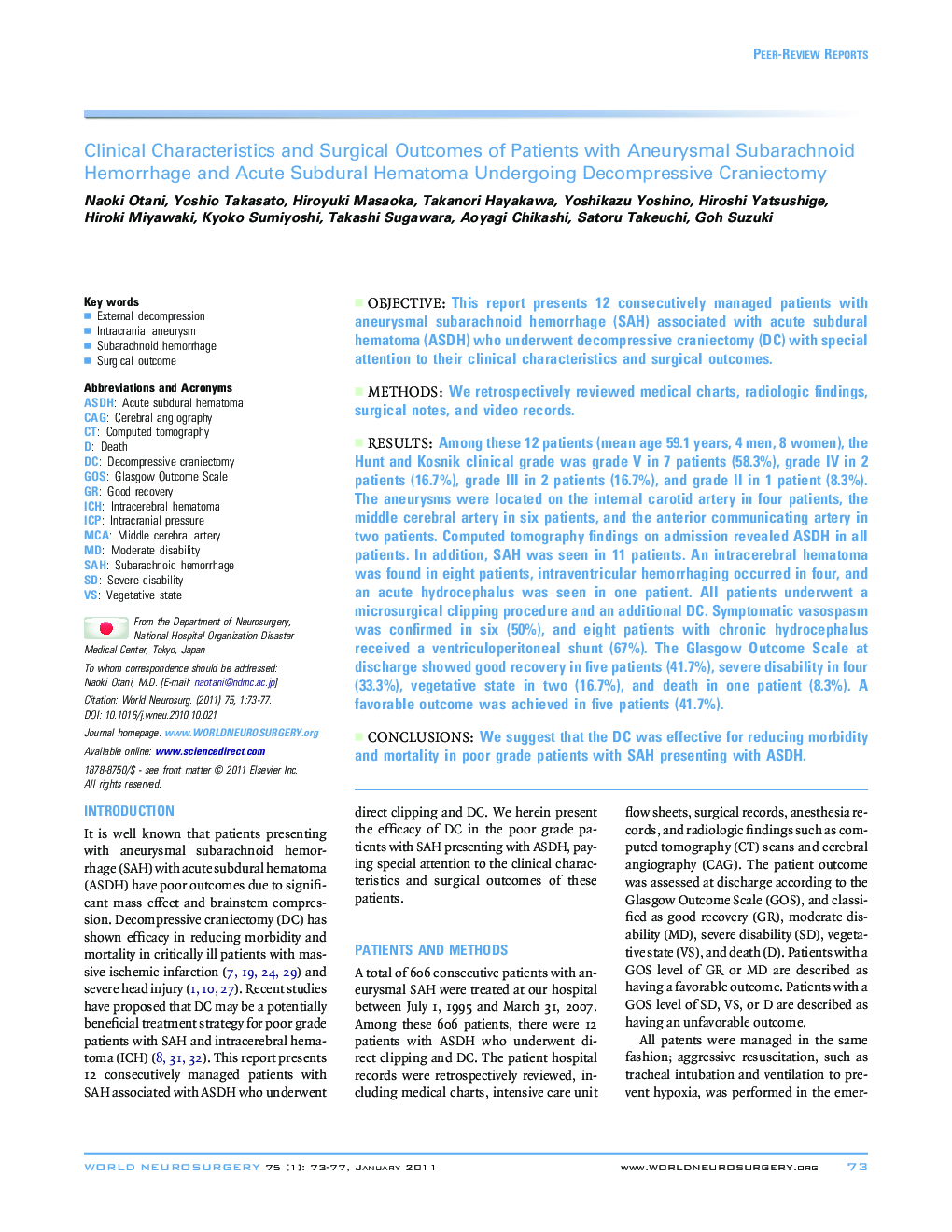 Clinical Characteristics and Surgical Outcomes of Patients with Aneurysmal Subarachnoid Hemorrhage and Acute Subdural Hematoma Undergoing Decompressive Craniectomy 