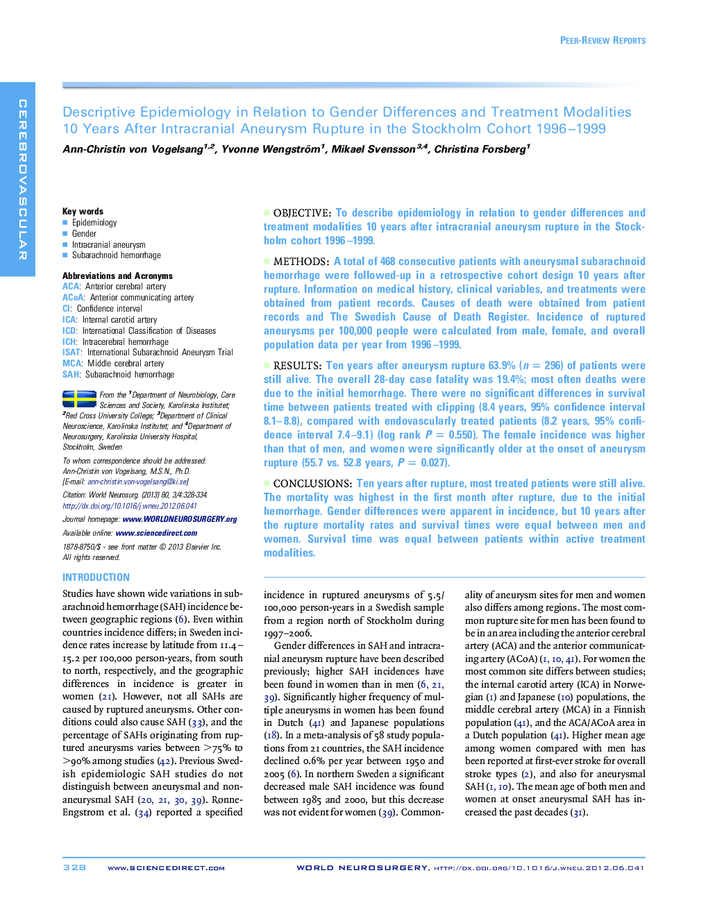 Descriptive Epidemiology in Relation to Gender Differences and Treatment Modalities 10 Years After Intracranial Aneurysm Rupture in the Stockholm Cohort 1996–1999 