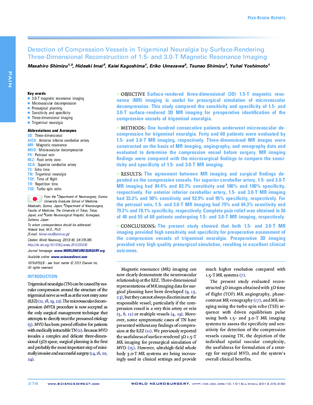 Detection of Compression Vessels in Trigeminal Neuralgia by Surface-Rendering Three-Dimensional Reconstruction of 1.5- and 3.0-T Magnetic Resonance Imaging 