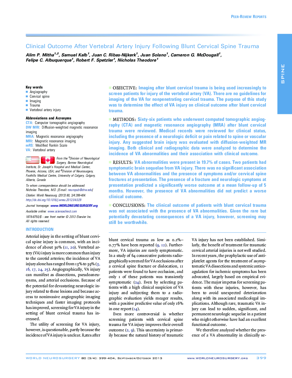 Clinical Outcome After Vertebral Artery Injury Following Blunt Cervical Spine Trauma 