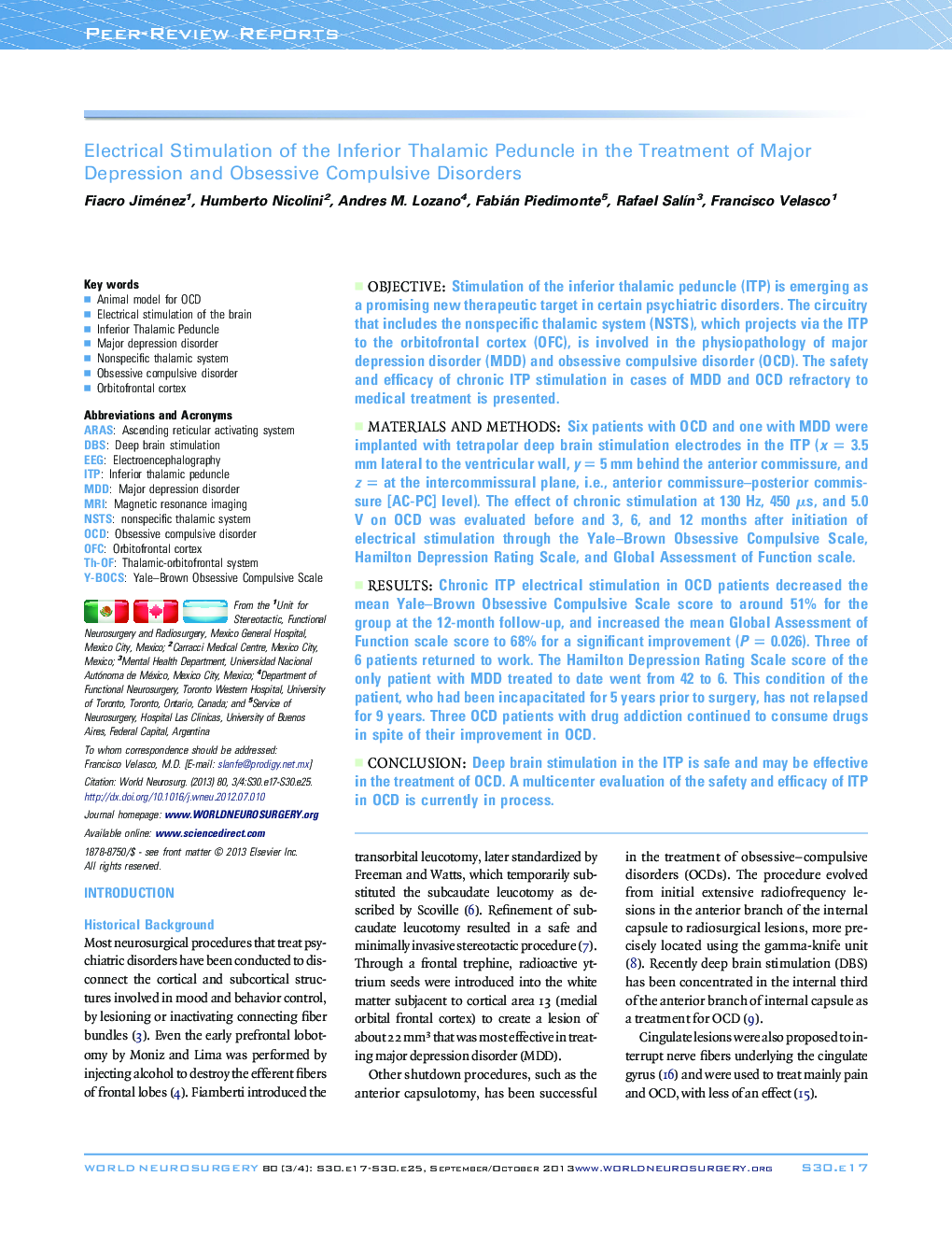 Electrical Stimulation of the Inferior Thalamic Peduncle in the Treatment of Major Depression and Obsessive Compulsive Disorders