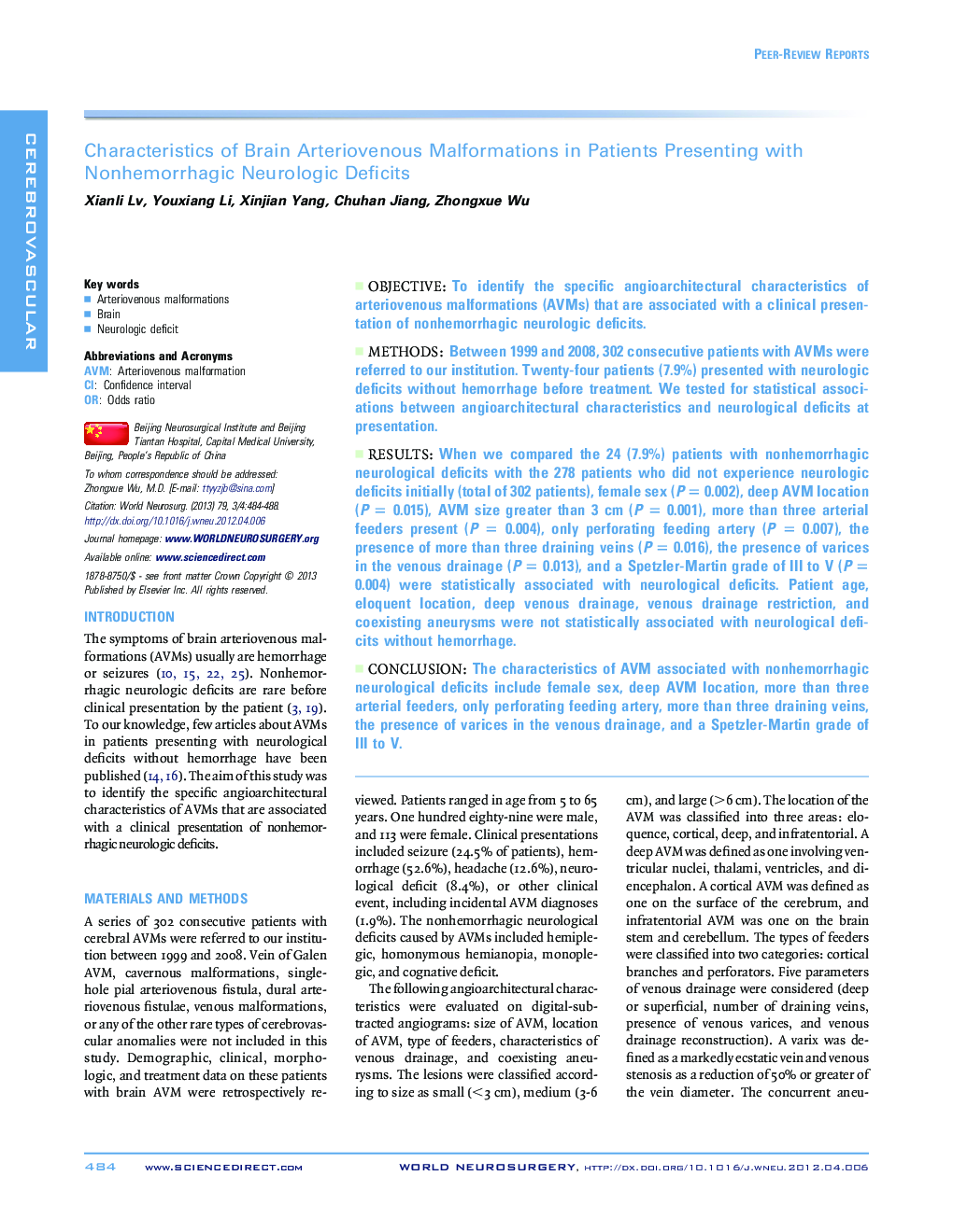 Characteristics of Brain Arteriovenous Malformations in Patients Presenting with Nonhemorrhagic Neurologic Deficits 