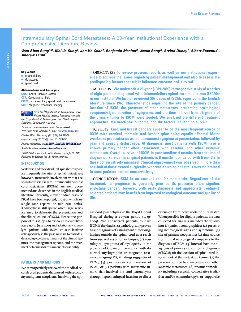 Intramedullary Spinal Cord Metastases: A 20-Year Institutional Experience with a Comprehensive Literature Review 