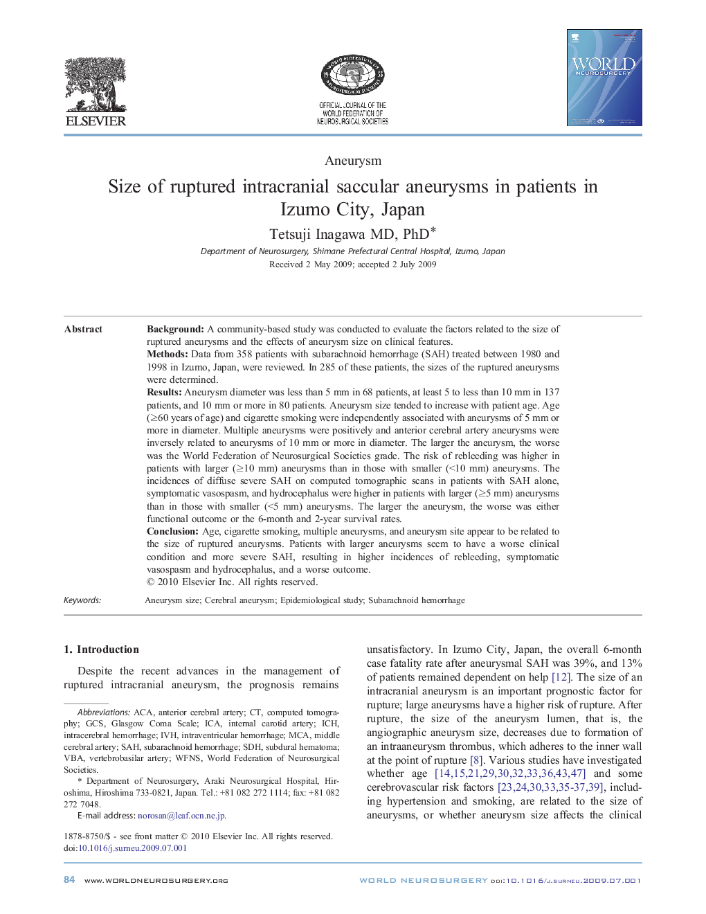 عکس صفحه اول مقاله: Size of ruptured intracranial saccular aneurysms in patients in Izumo City, Japan Size of ruptured intracranial saccular aneurysms in patients in Izumo City, Japan