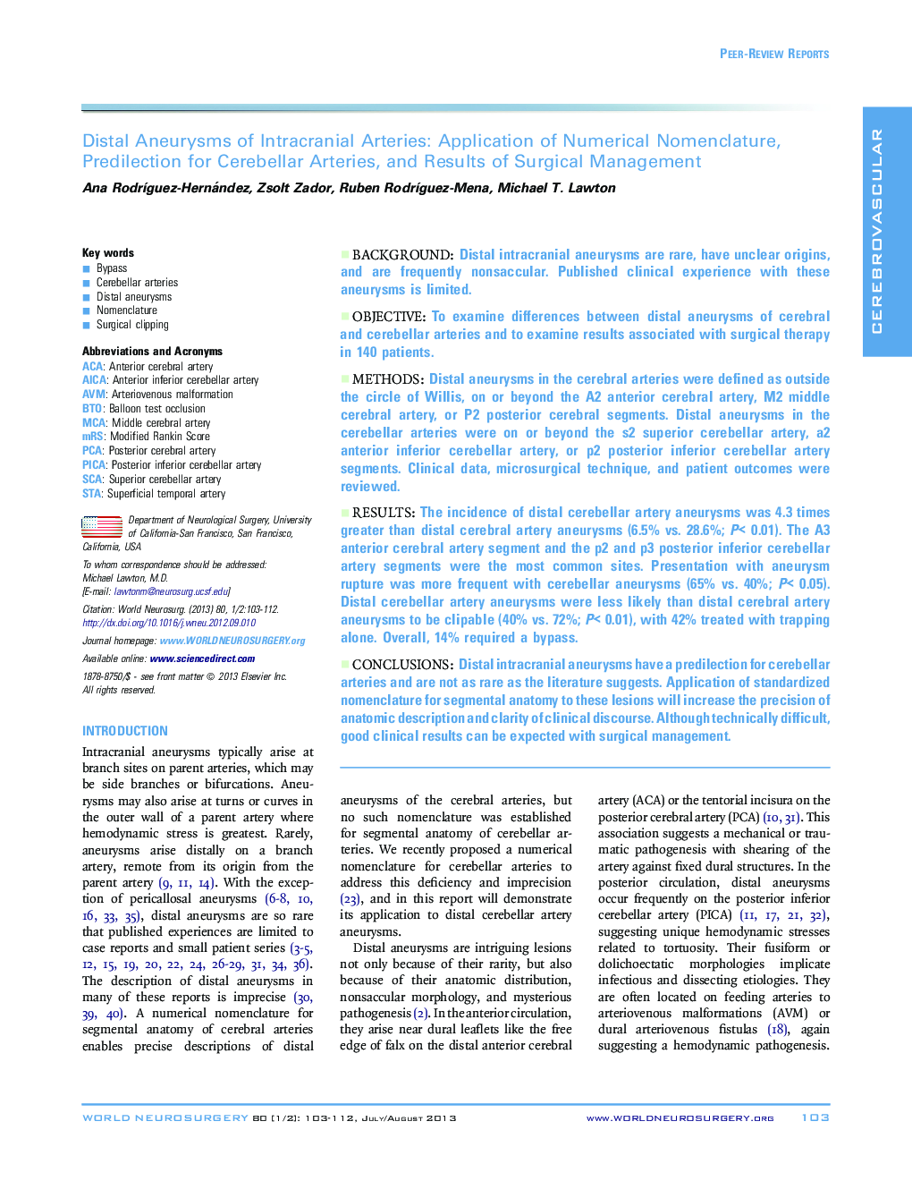 Distal Aneurysms of Intracranial Arteries: Application of Numerical Nomenclature, Predilection for Cerebellar Arteries, and Results of Surgical Management 