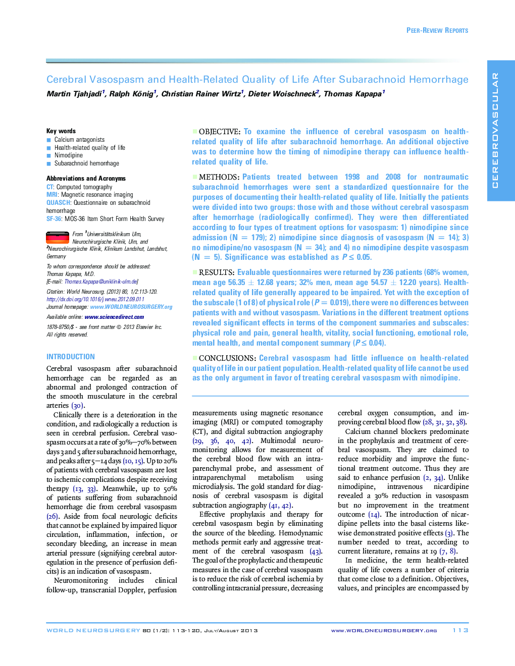 Cerebral Vasospasm and Health-Related Quality of Life After Subarachnoid Hemorrhage 