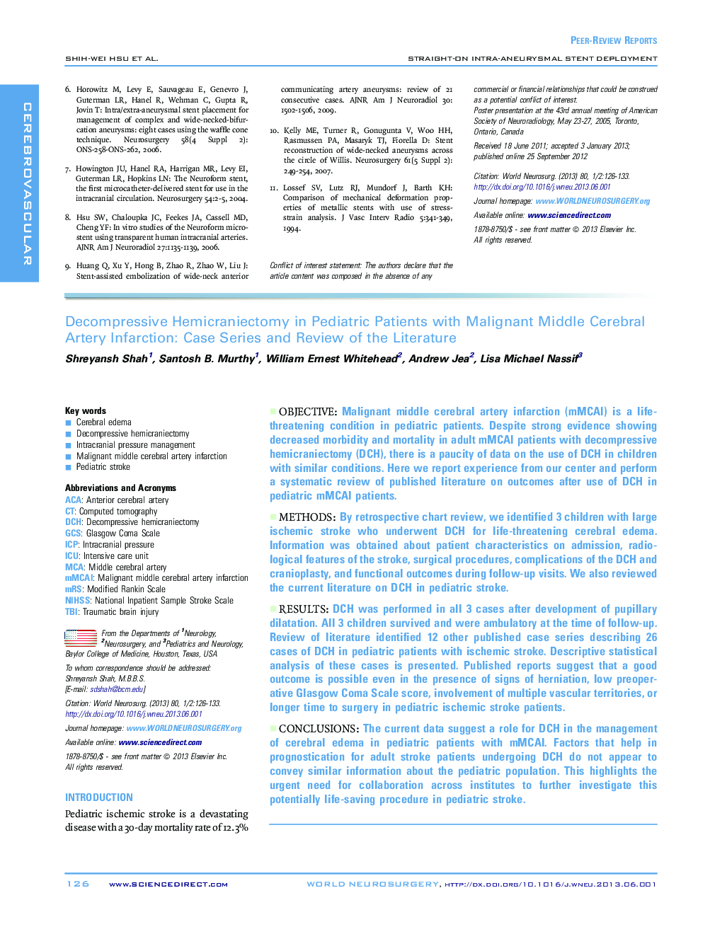 Decompressive Hemicraniectomy in Pediatric Patients with Malignant Middle Cerebral Artery Infarction: Case Series and Review of the Literature 