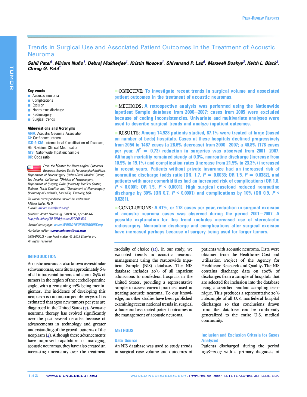 Trends in Surgical Use and Associated Patient Outcomes in the Treatment of Acoustic Neuroma 