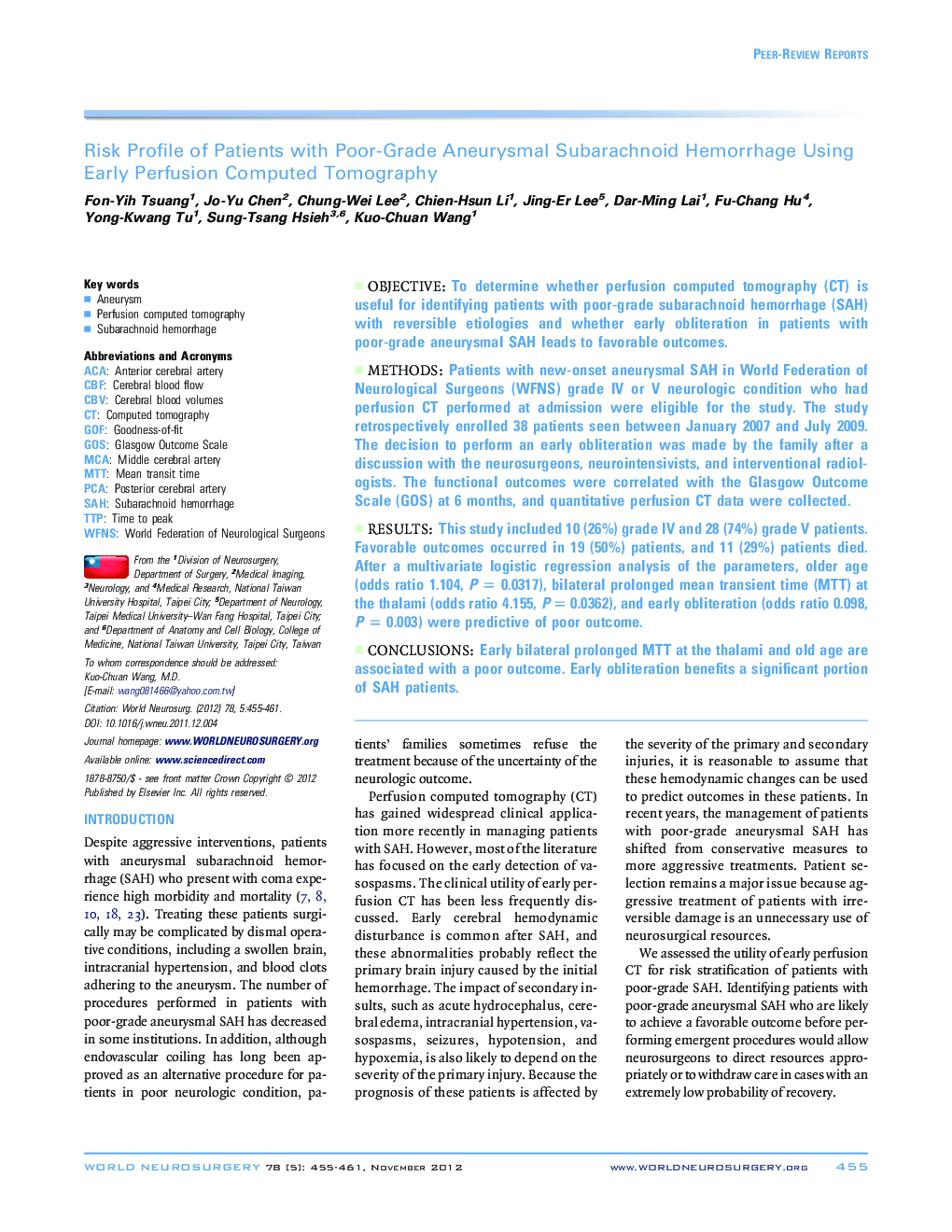 Risk Profile of Patients with Poor-Grade Aneurysmal Subarachnoid Hemorrhage Using Early Perfusion Computed Tomography 