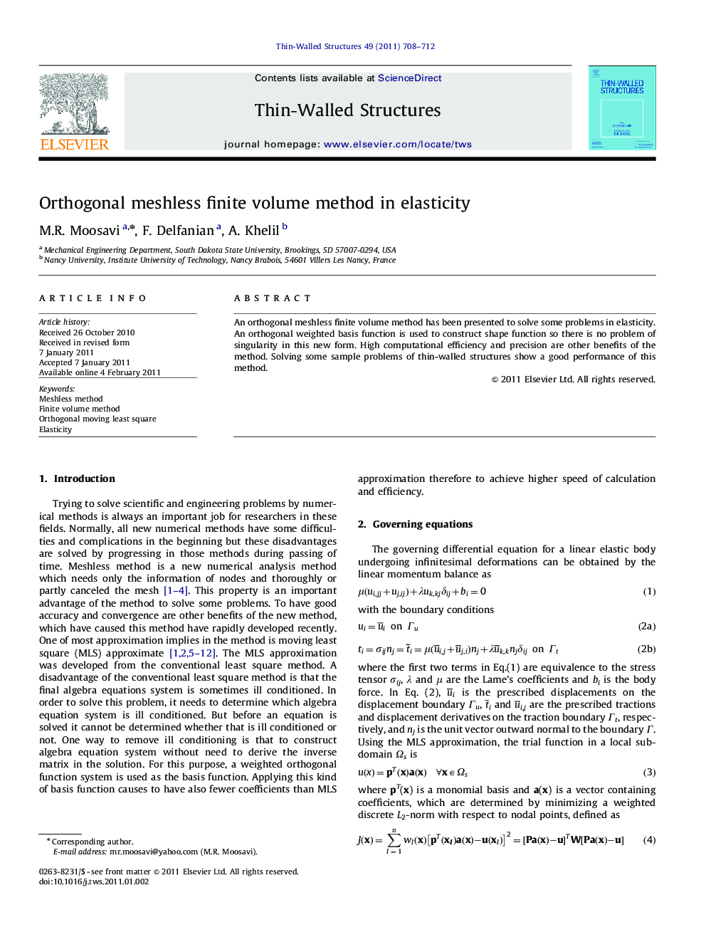 Orthogonal meshless finite volume method in elasticity