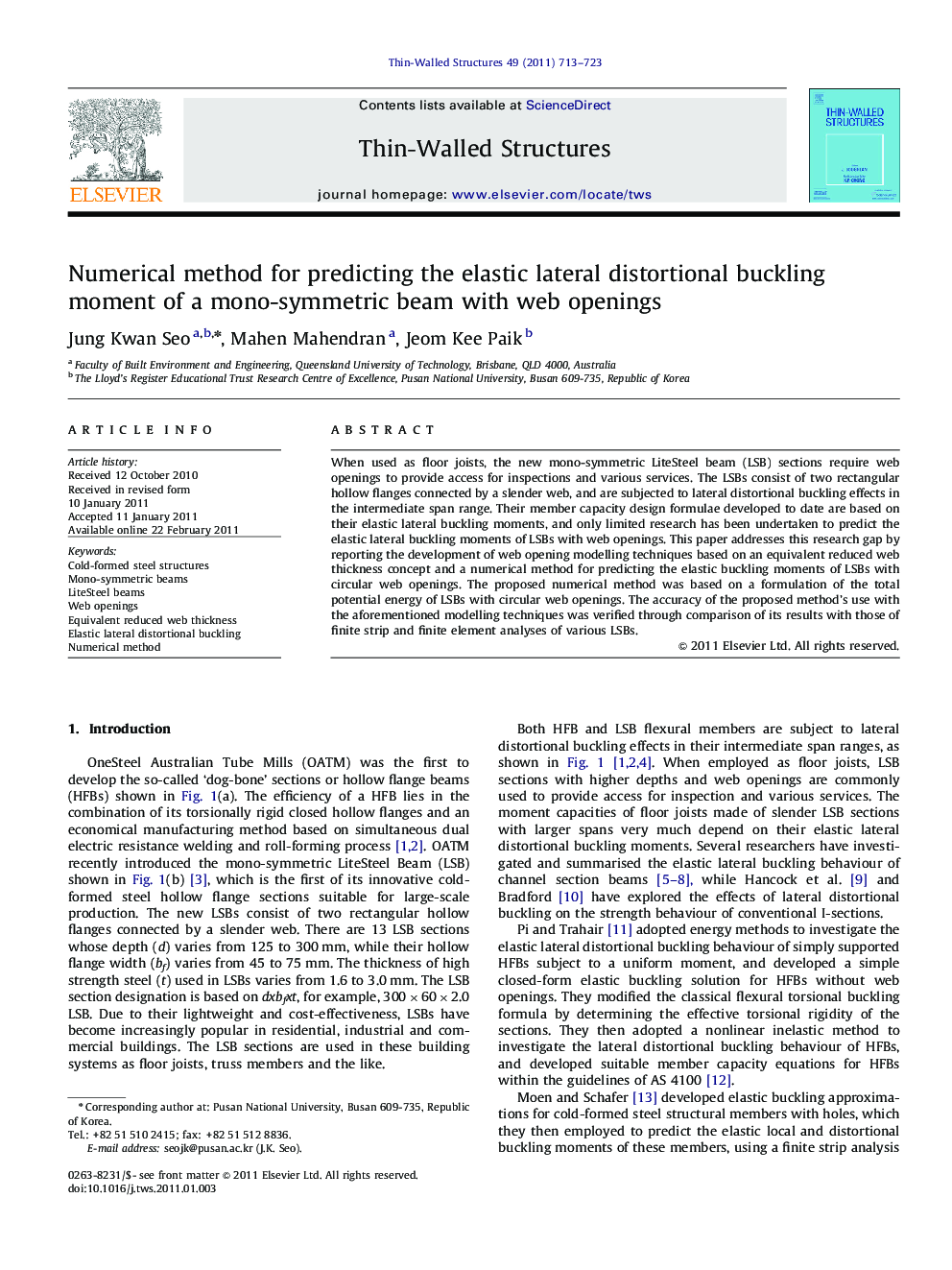 Numerical method for predicting the elastic lateral distortional buckling moment of a mono-symmetric beam with web openings