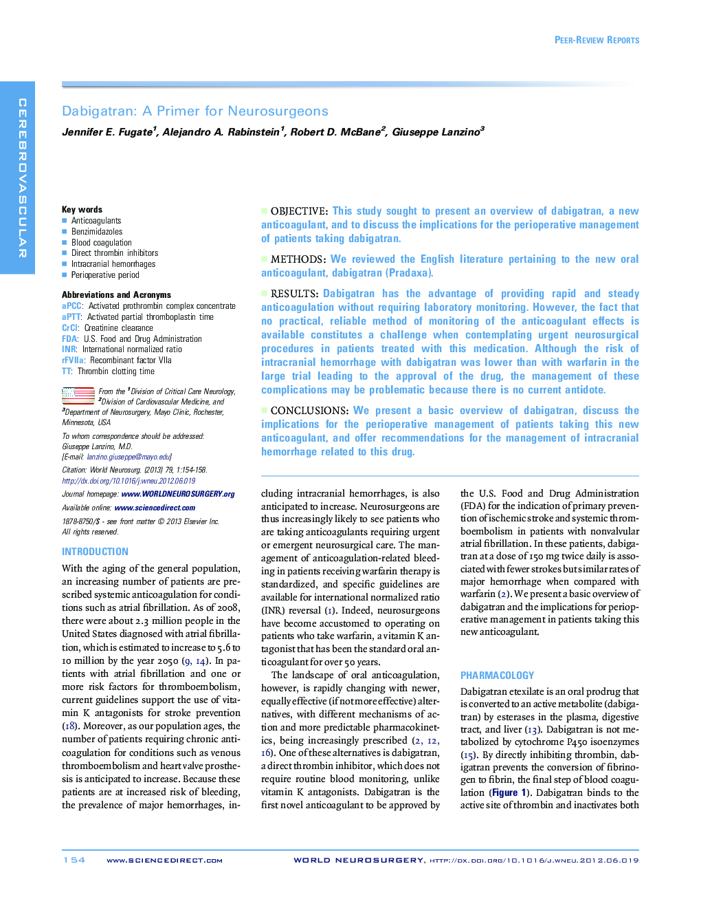 Dabigatran: A Primer for Neurosurgeons 