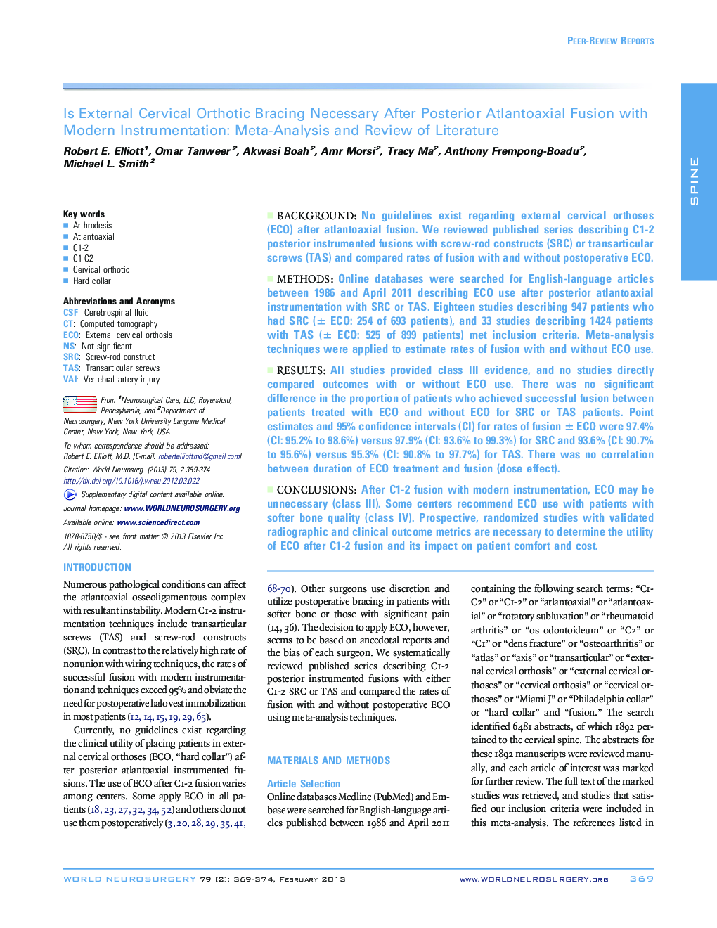 Is External Cervical Orthotic Bracing Necessary After Posterior Atlantoaxial Fusion with Modern Instrumentation: Meta-Analysis and Review of Literature