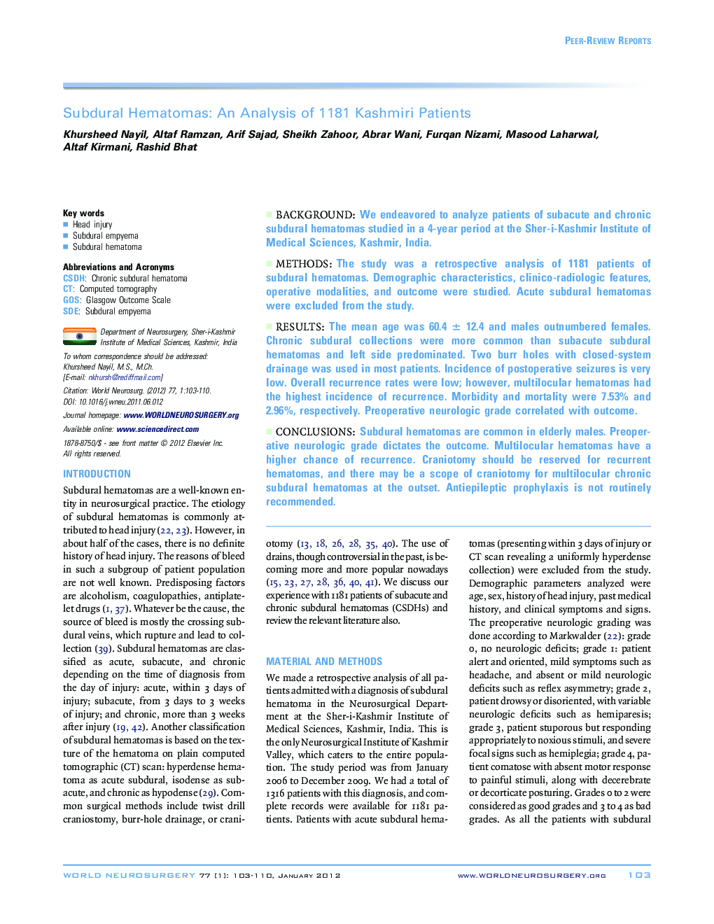 Subdural Hematomas: An Analysis of 1181 Kashmiri Patients 