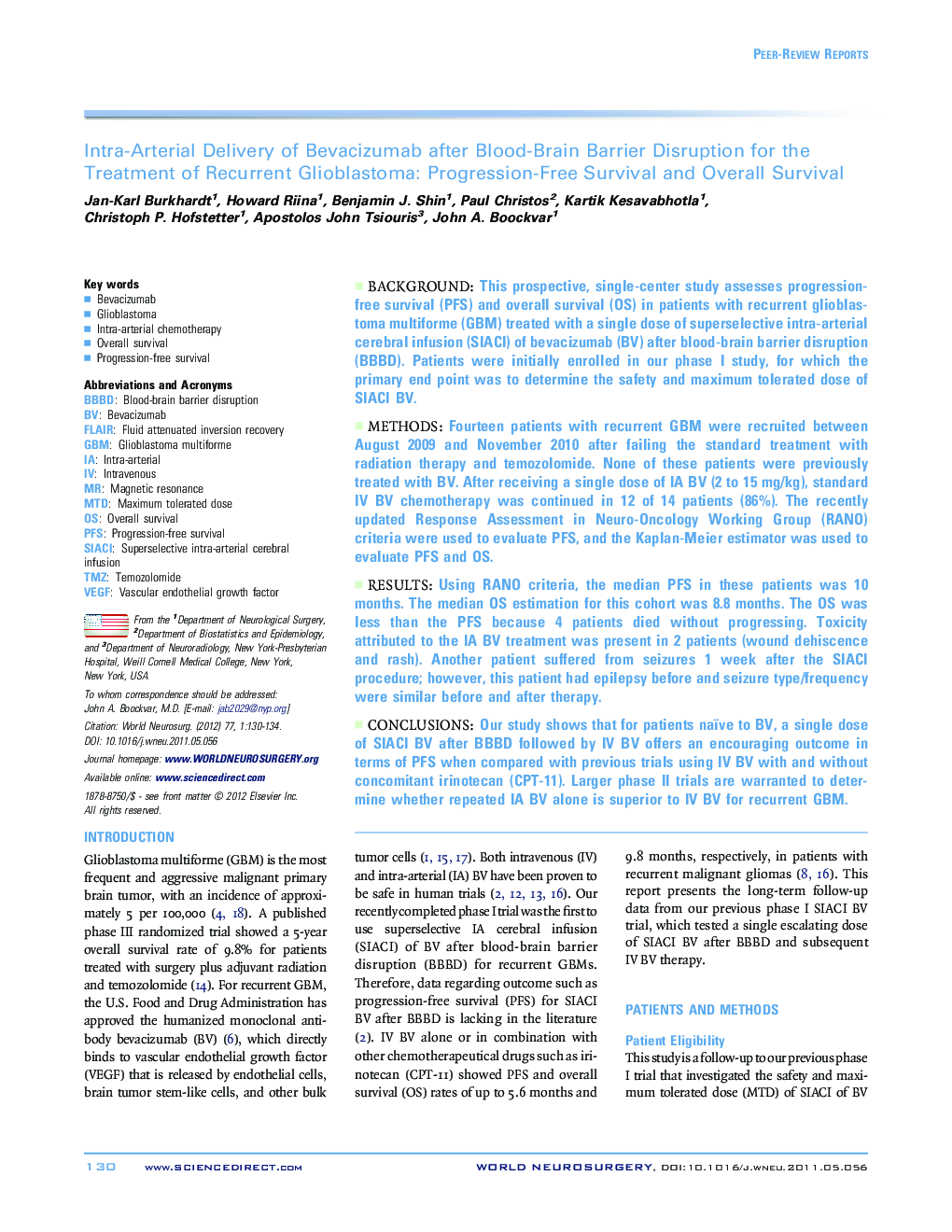 Intra-Arterial Delivery of Bevacizumab after Blood-Brain Barrier Disruption for the Treatment of Recurrent Glioblastoma: Progression-Free Survival and Overall Survival 