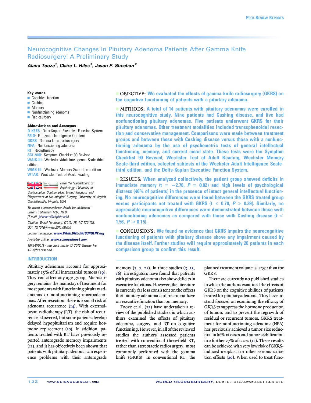 Neurocognitive Changes in Pituitary Adenoma Patients After Gamma Knife Radiosurgery: A Preliminary Study 