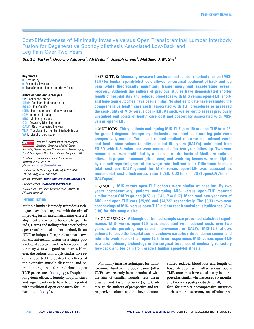 Cost-Effectiveness of Minimally Invasive versus Open Transforaminal Lumbar Interbody Fusion for Degenerative Spondylolisthesis Associated Low-Back and Leg Pain Over Two Years 