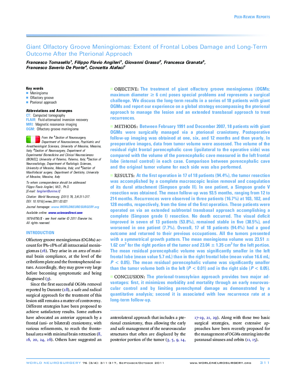 Giant Olfactory Groove Meningiomas: Extent of Frontal Lobes Damage and Long-Term Outcome After the Pterional Approach 