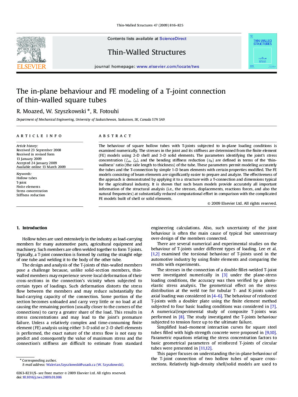 The in-plane behaviour and FE modeling of a T-joint connection of thin-walled square tubes