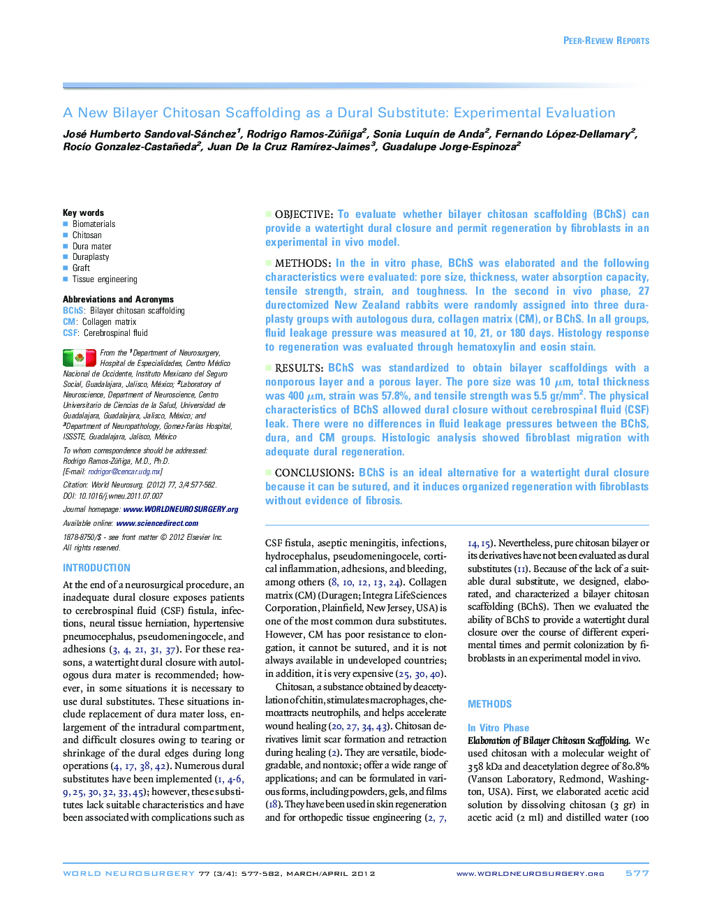 A New Bilayer Chitosan Scaffolding as a Dural Substitute: Experimental Evaluation 