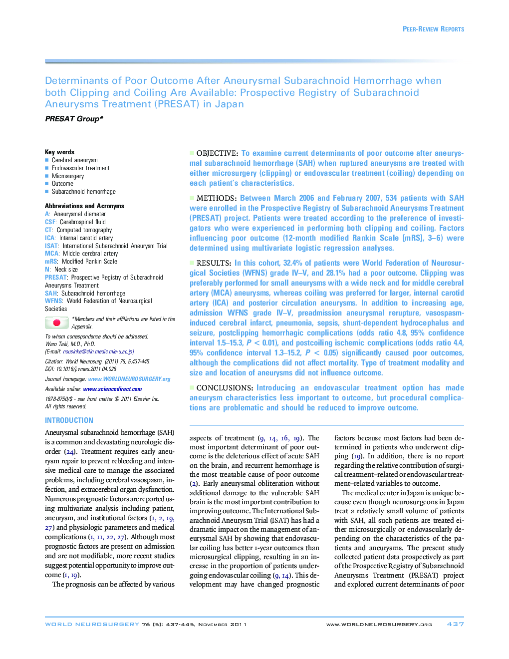 Determinants of Poor Outcome After Aneurysmal Subarachnoid Hemorrhage when both Clipping and Coiling Are Available: Prospective Registry of Subarachnoid Aneurysms Treatment (PRESAT) in Japan 