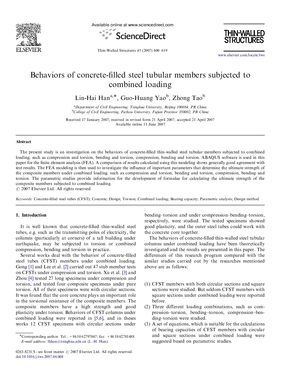 Behaviors of concrete-filled steel tubular members subjected to combined loading