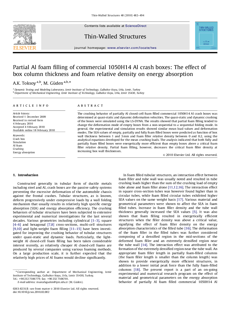 Partial Al foam filling of commercial 1050H14 Al crash boxes: The effect of box column thickness and foam relative density on energy absorption