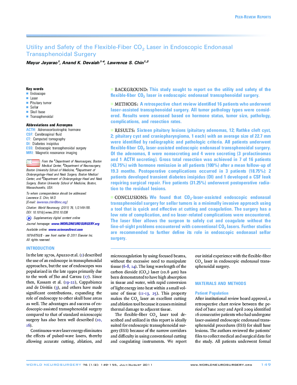 Utility and Safety of the Flexible-Fiber CO2 Laser in Endoscopic Endonasal Transsphenoidal Surgery 