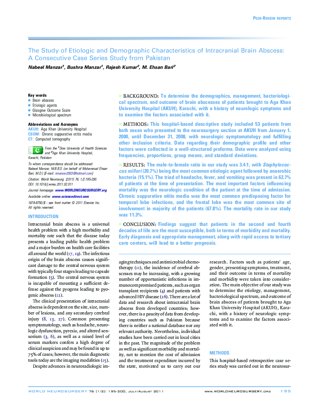 The Study of Etiologic and Demographic Characteristics of Intracranial Brain Abscess: A Consecutive Case Series Study from Pakistan 