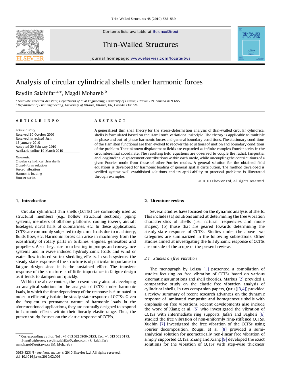 Analysis of circular cylindrical shells under harmonic forces