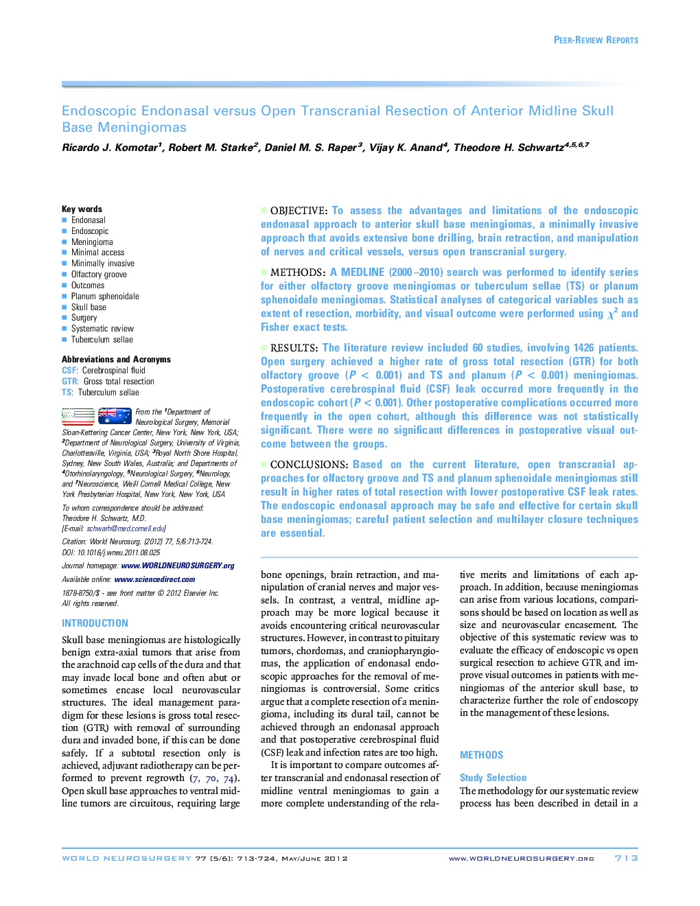 Endoscopic Endonasal versus Open Transcranial Resection of Anterior Midline Skull Base Meningiomas 