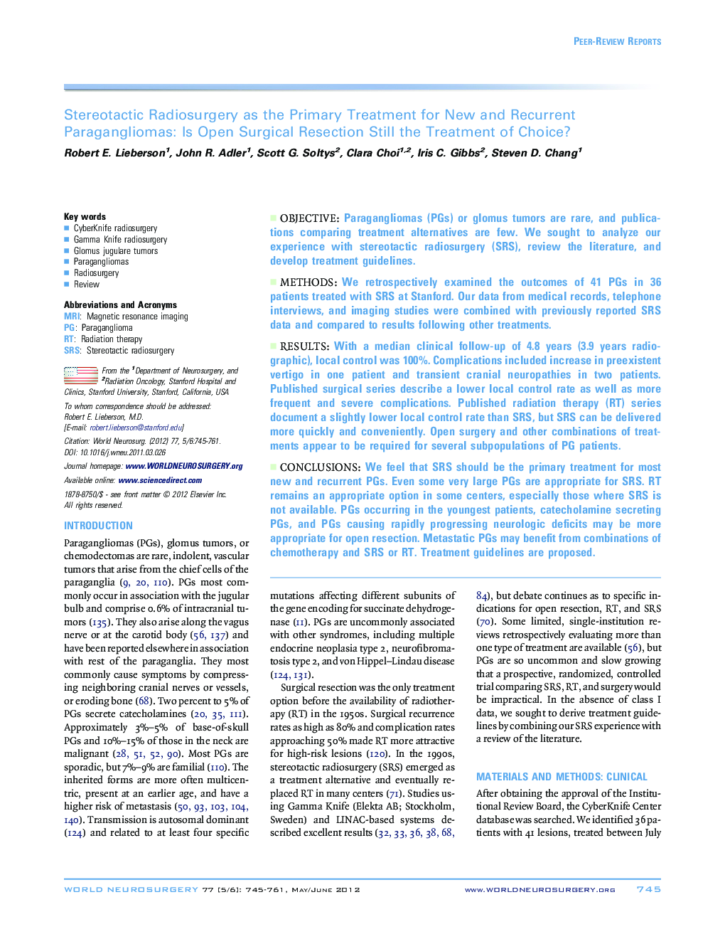 Stereotactic Radiosurgery as the Primary Treatment for New and Recurrent Paragangliomas: Is Open Surgical Resection Still the Treatment of Choice? 