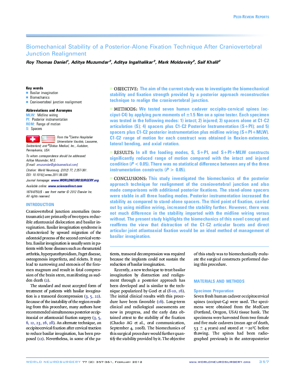 Biomechanical Stability of a Posterior-Alone Fixation Technique After Craniovertebral Junction Realignment 