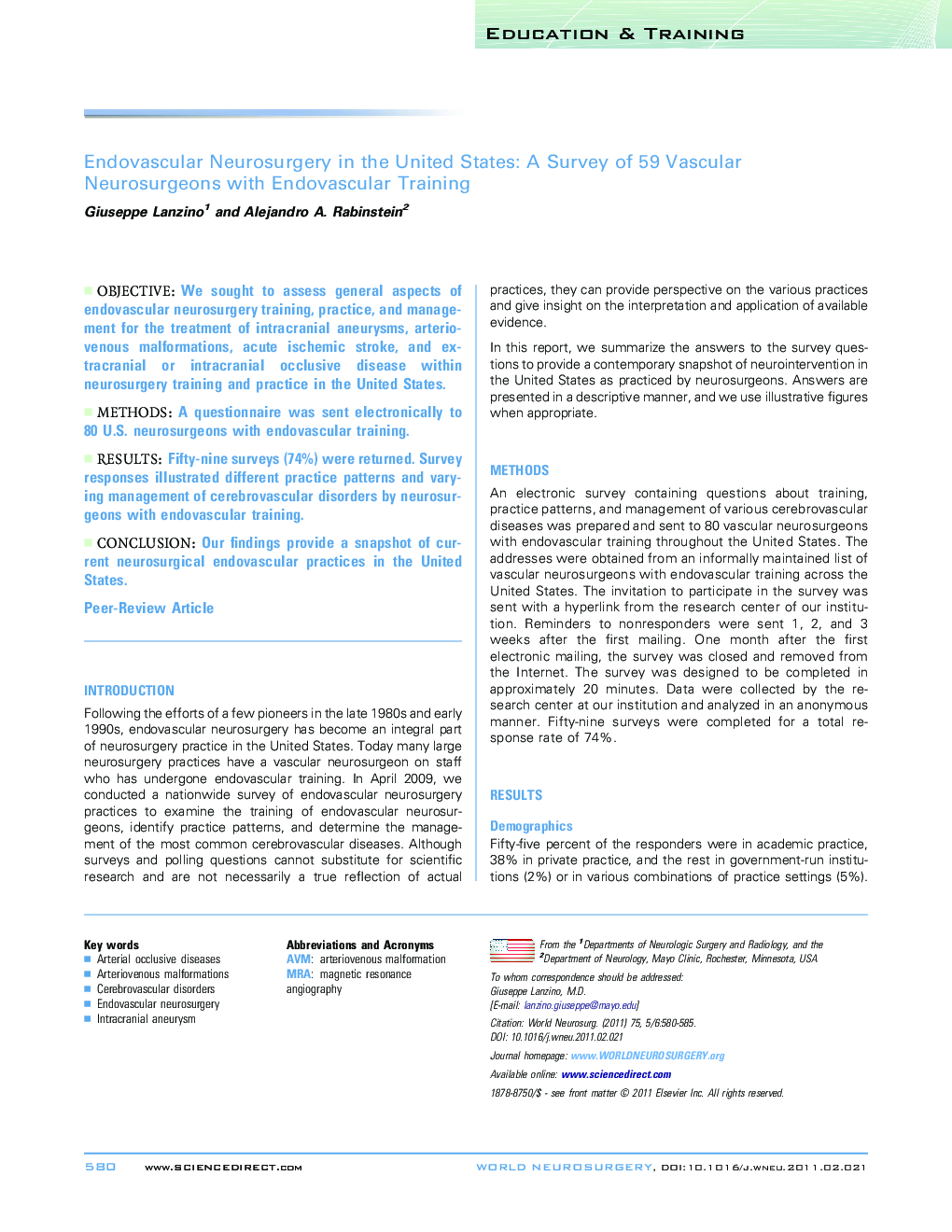 Endovascular Neurosurgery in the United States: A Survey of 59 Vascular Neurosurgeons with Endovascular Training 