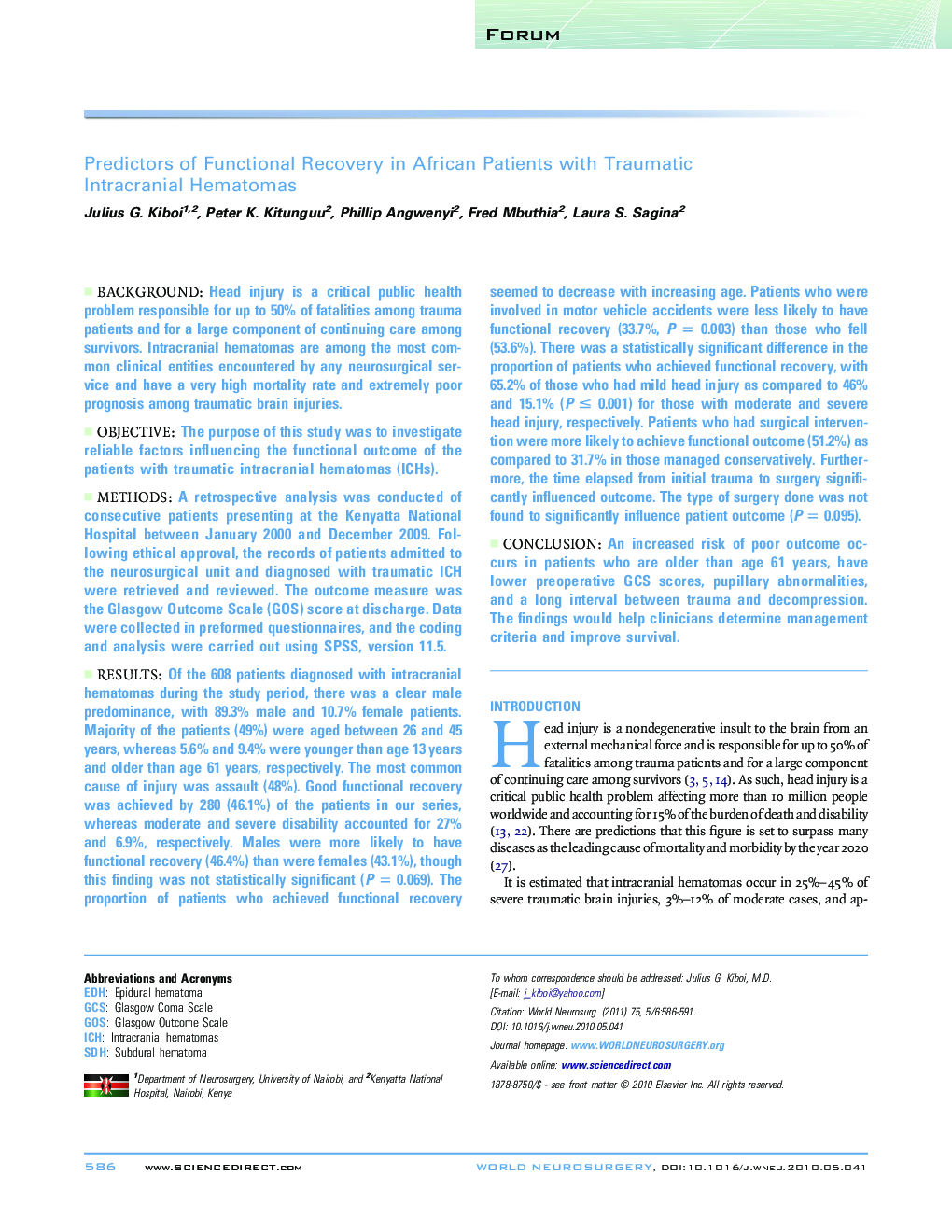 Predictors of Functional Recovery in African Patients with Traumatic Intracranial Hematomas 