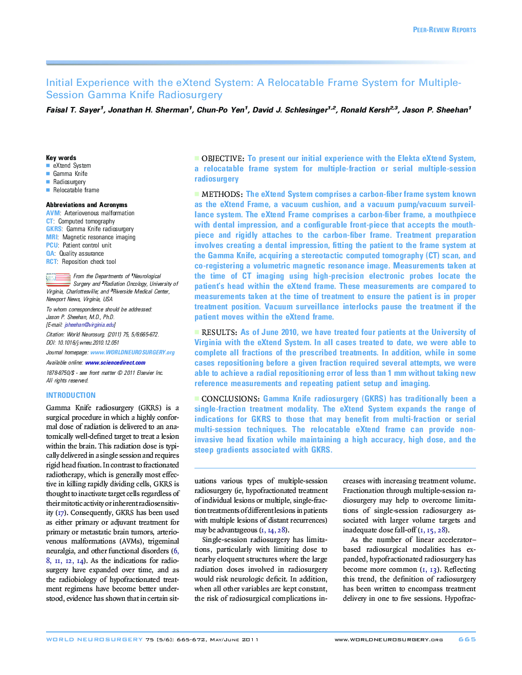 Initial Experience with the eXtend System: A Relocatable Frame System for Multiple-Session Gamma Knife Radiosurgery 