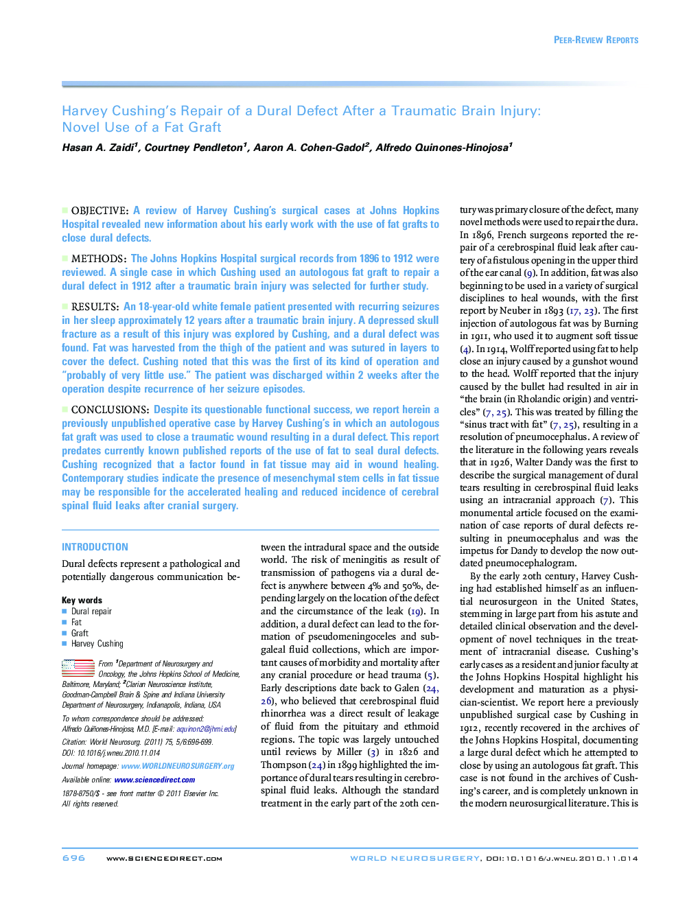 Harvey Cushing's Repair of a Dural Defect After a Traumatic Brain Injury: Novel Use of a Fat Graft 