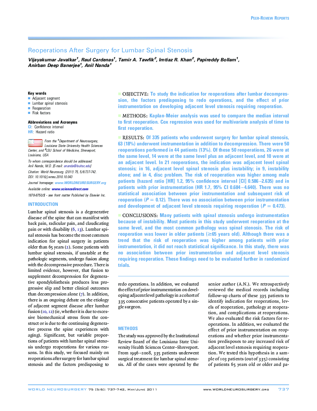 Reoperations After Surgery for Lumbar Spinal Stenosis 