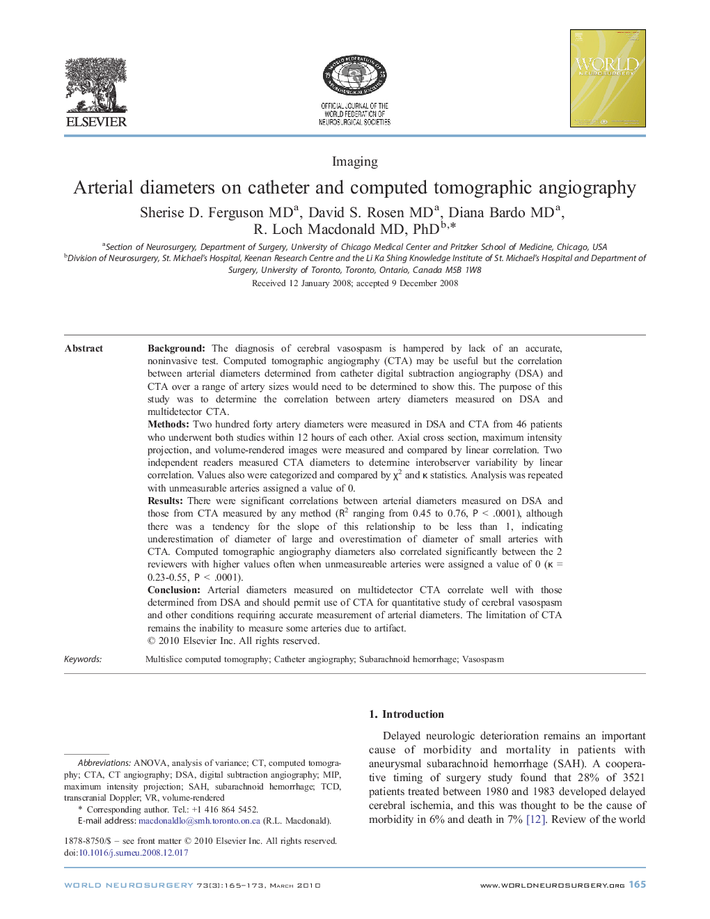 Arterial diameters on catheter and computed tomographic angiography