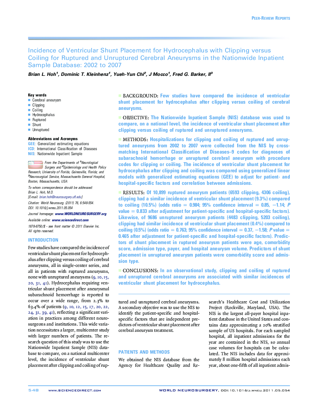 Incidence of Ventricular Shunt Placement for Hydrocephalus with Clipping versus Coiling for Ruptured and Unruptured Cerebral Aneurysms in the Nationwide Inpatient Sample Database: 2002 to 2007 