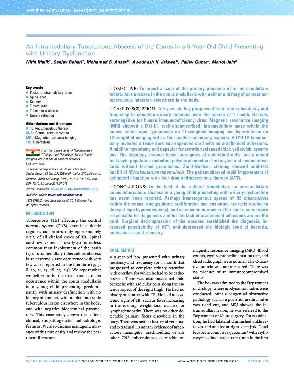 An Intramedullary Tuberculous Abscess of the Conus in a 5-Year-Old Child Presenting with Urinary Dysfunction
