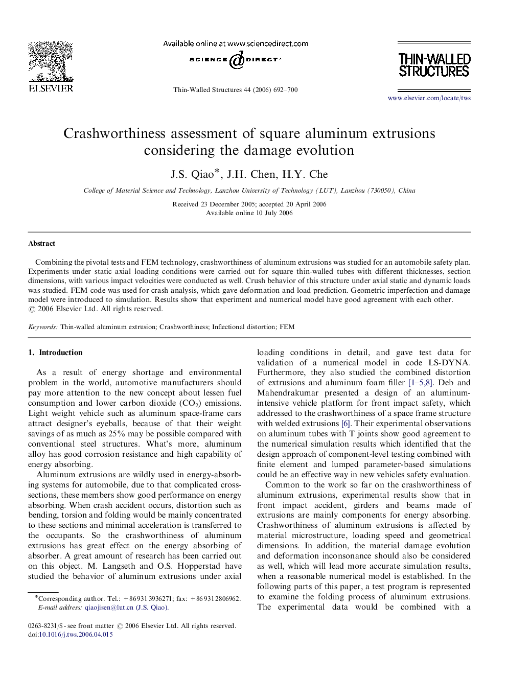 Crashworthiness assessment of square aluminum extrusions considering the damage evolution