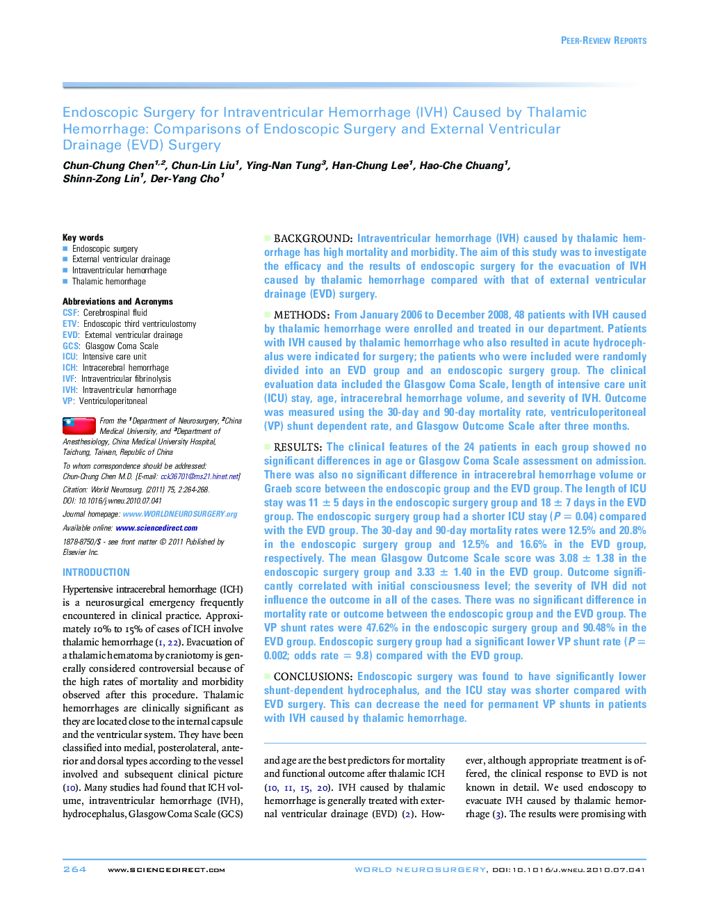 Endoscopic Surgery for Intraventricular Hemorrhage (IVH) Caused by Thalamic Hemorrhage: Comparisons of Endoscopic Surgery and External Ventricular Drainage (EVD) Surgery 