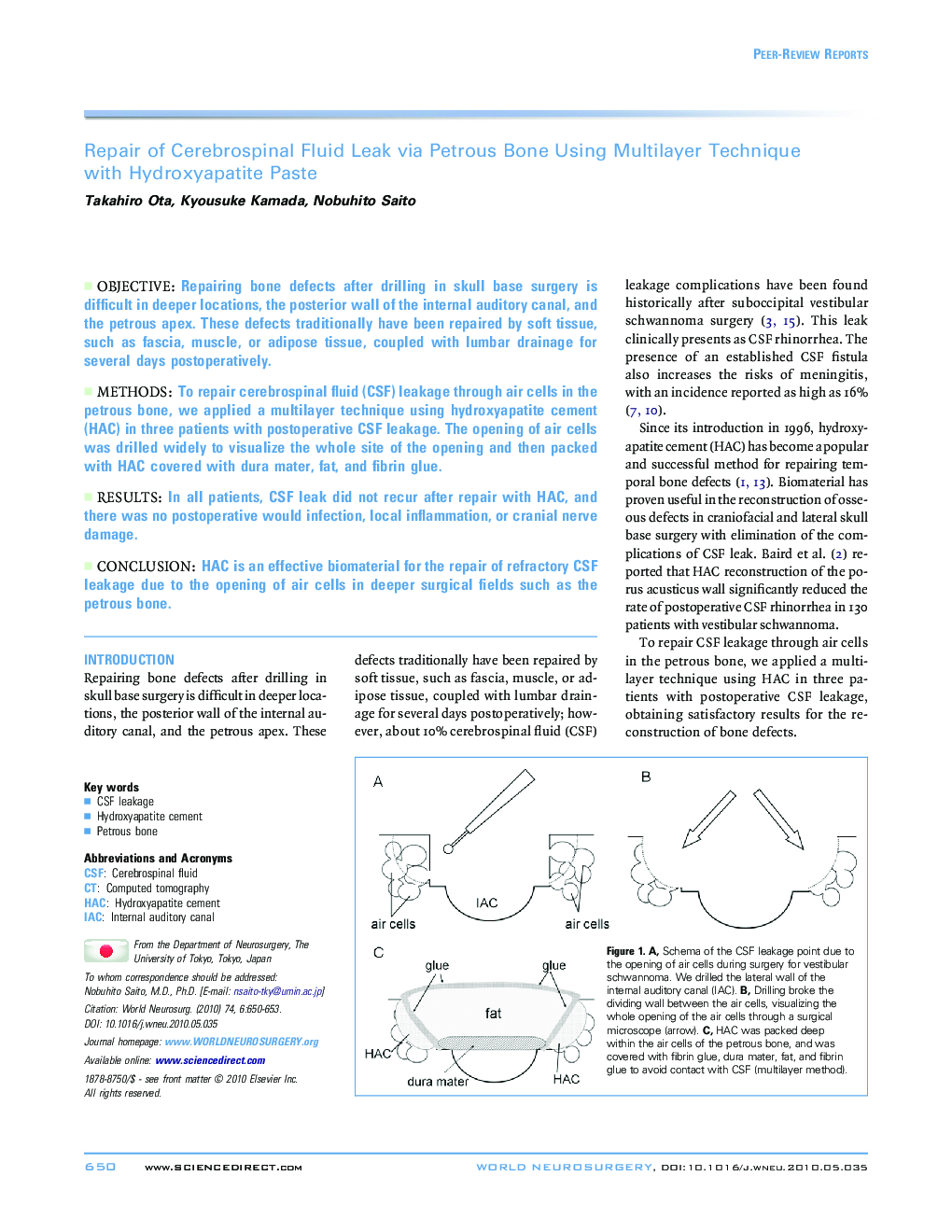 Repair of Cerebrospinal Fluid Leak via Petrous Bone Using Multilayer Technique with Hydroxyapatite Paste 