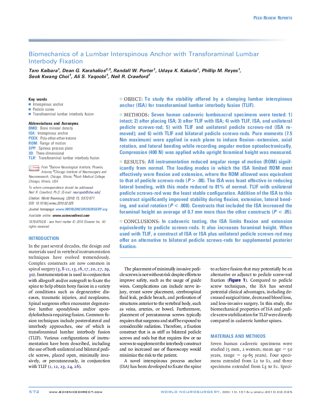 Biomechanics of a Lumbar Interspinous Anchor with Transforaminal Lumbar Interbody Fixation 