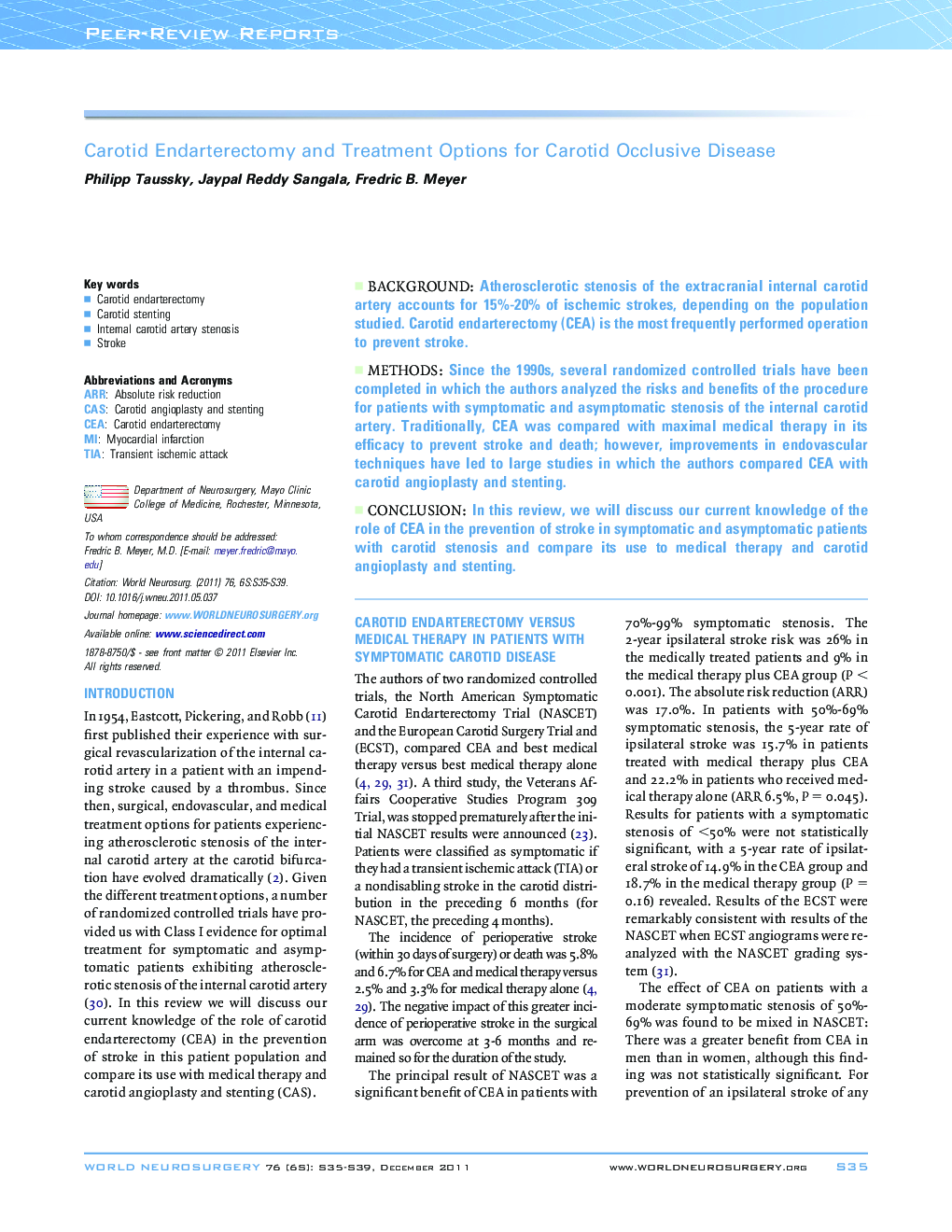 Carotid Endarterectomy and Treatment Options for Carotid Occlusive Disease 